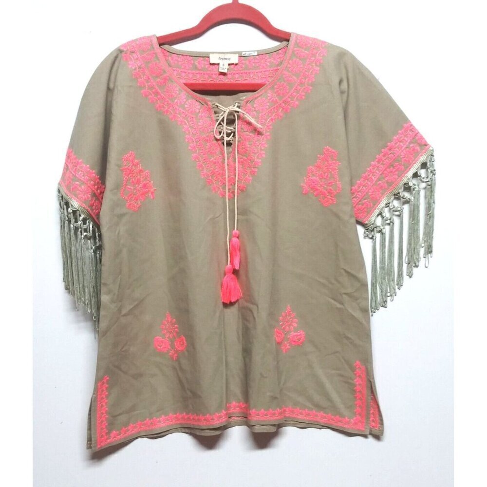 NWOT Freeway Anthropologie Top Sz S Boho Embroidery/Fringe/Tassel tie khaki pink